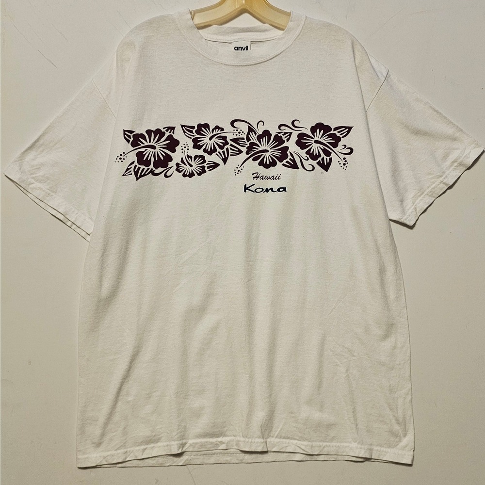 Anvil Mens Hawaii Kona Hibiscus Floral Graphic T-Shirt Off-White Large 1546